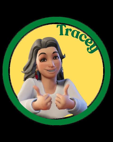 Animated woman with gray hair and red earrings making thumbs up gesture, labeled Tracey, on yellow background with green border
