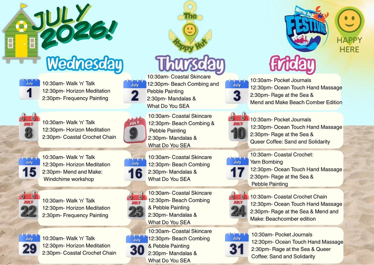 July 2025 beach-themed activity schedule showing daily events for Wednesday, Thursday, and Friday with yoga, crafts, and coastal activities