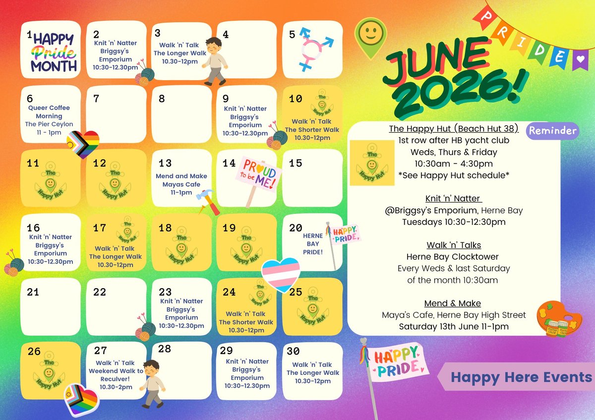 June 2022 Pride Month calendar with daily Happy Here events, activities, and celebrations marked throughout the month.