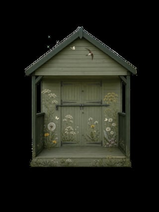 Sage green garden shed with peaked roof, double doors, and wildflowers growing inside on black background