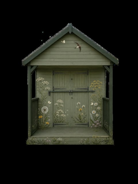 Sage green garden shed with peaked roof, double doors, and wildflowers growing inside on black background