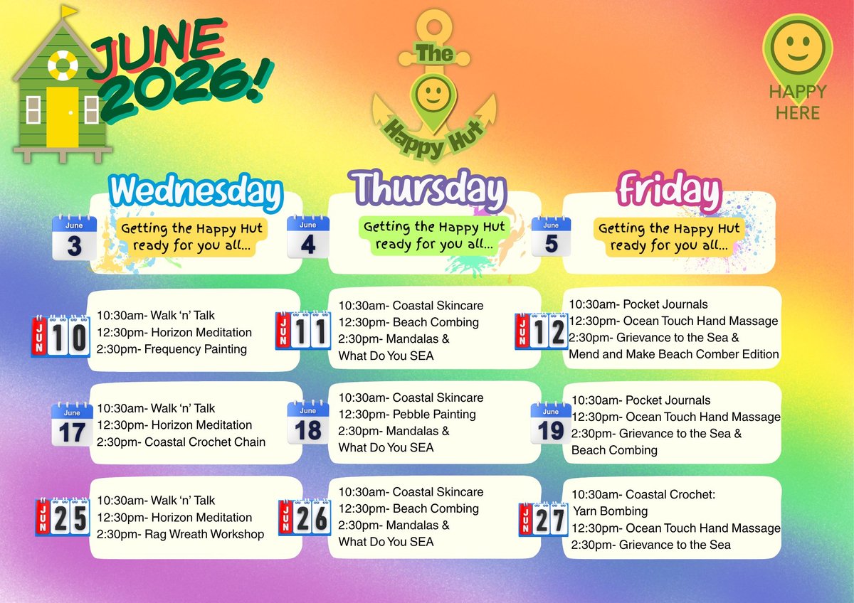June 2024 wellness schedule showing daily activities for Wednesday through Friday with times and classes like yoga, meditation, and beach activities