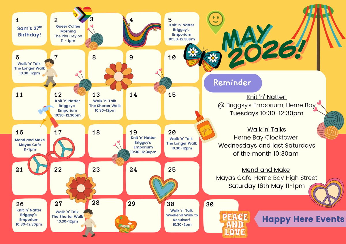 Colorful May 2025 calendar with daily events, activities, and reminders displayed in grid format with decorative icons