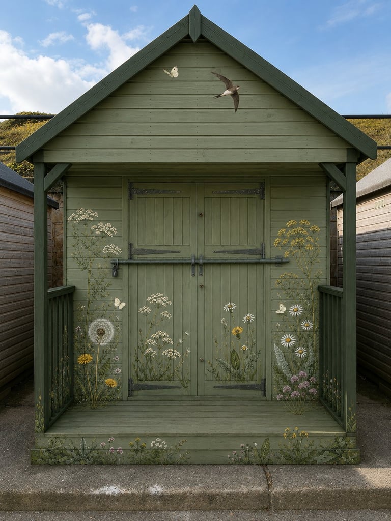 Green wooden beach hut with decorative wildflower door paintings and open sides, set against sky and neutral background
