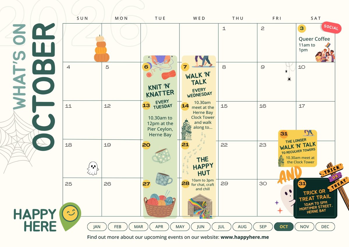 October event calendar showing Whats On activities including knit and knatter, coffee hour, happy hut, and walk and talk events throughout the month.