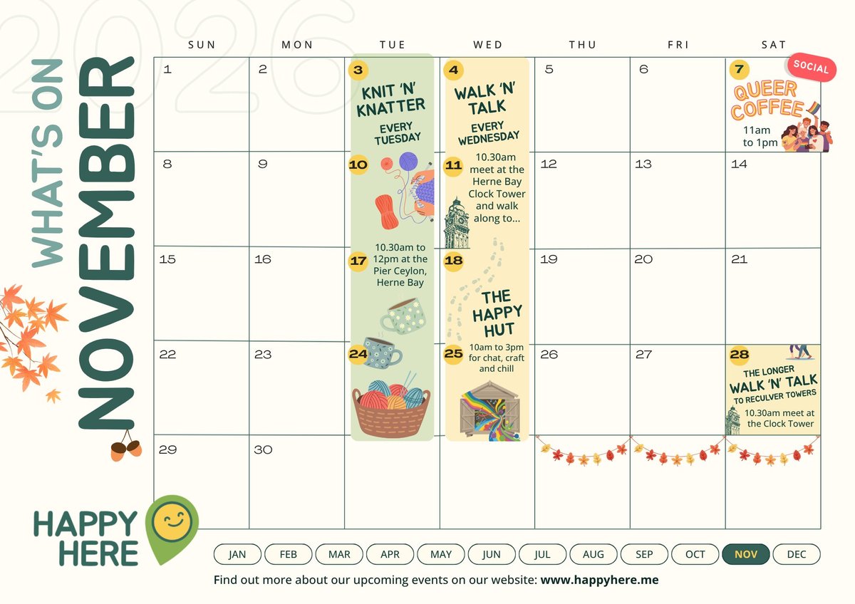 November calendar with fall activities including knit night, coffee meet-up, and happy hour events scheduled throughout the month
