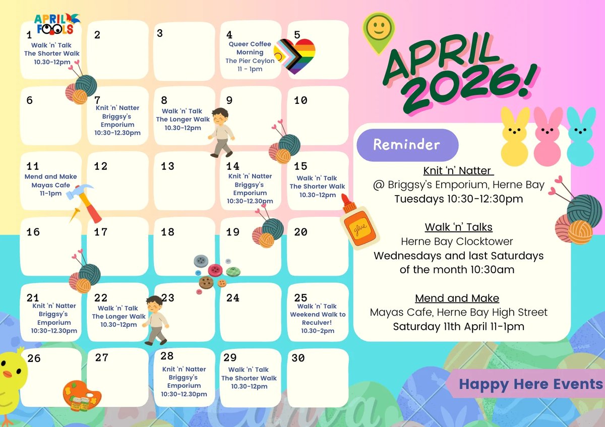 April 2026 calendar featuring colorful illustrations and event reminders for local happenings including story time and craft activities