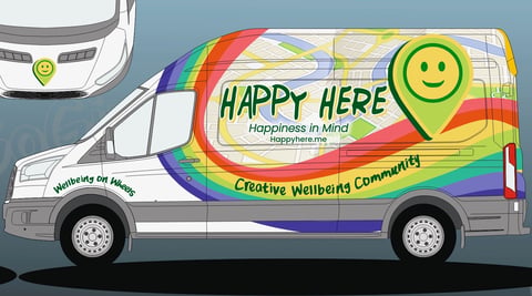 Colorful van wrap design with rainbow stripes and Happy Here logo, promoting happiness and wellbeing community services.