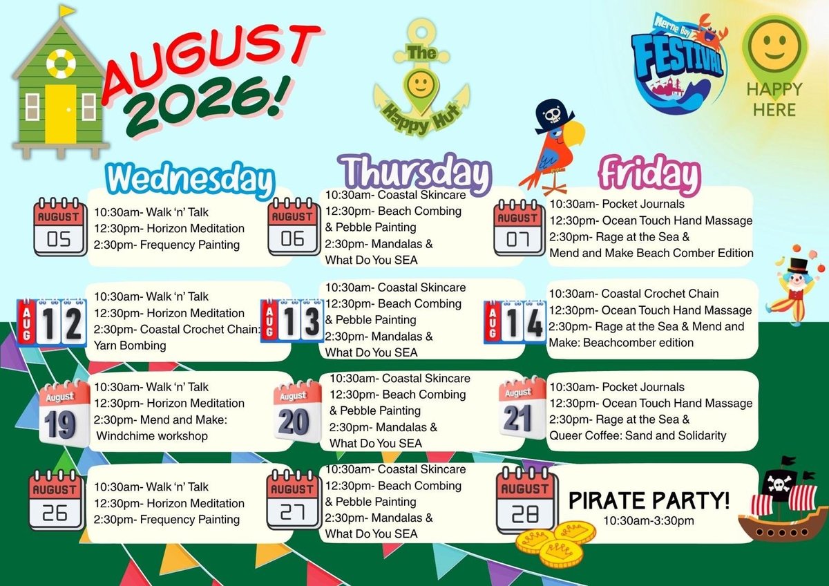 August 2026 beach festival schedule showing daily activities from August 5-29 including walks, meditation, beach combing, massages, and a pirate party event