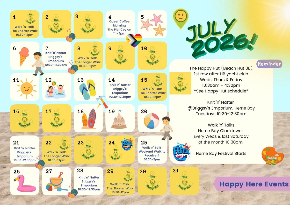 July 2024 calendar featuring daily activities and events with yellow circular icons and beach-themed graphics