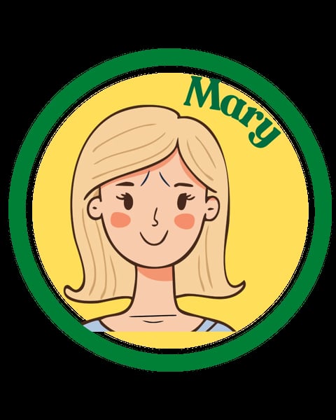 Cartoon illustration of a smiling woman with blonde hair in a green circular frame labeled Mary