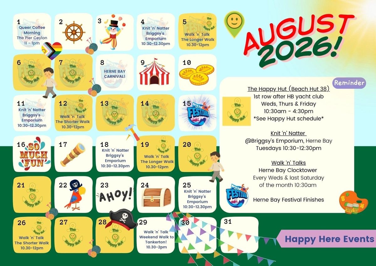 August 2026 events calendar showing daily activities with yellow squares, including Home Day, Pirate Day, Walk n Talks, and Happy Here Festival