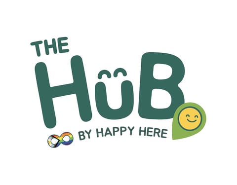The HüB by Happy Here logo featuring teal lettering with a yellow smiley face and infinity symbol
